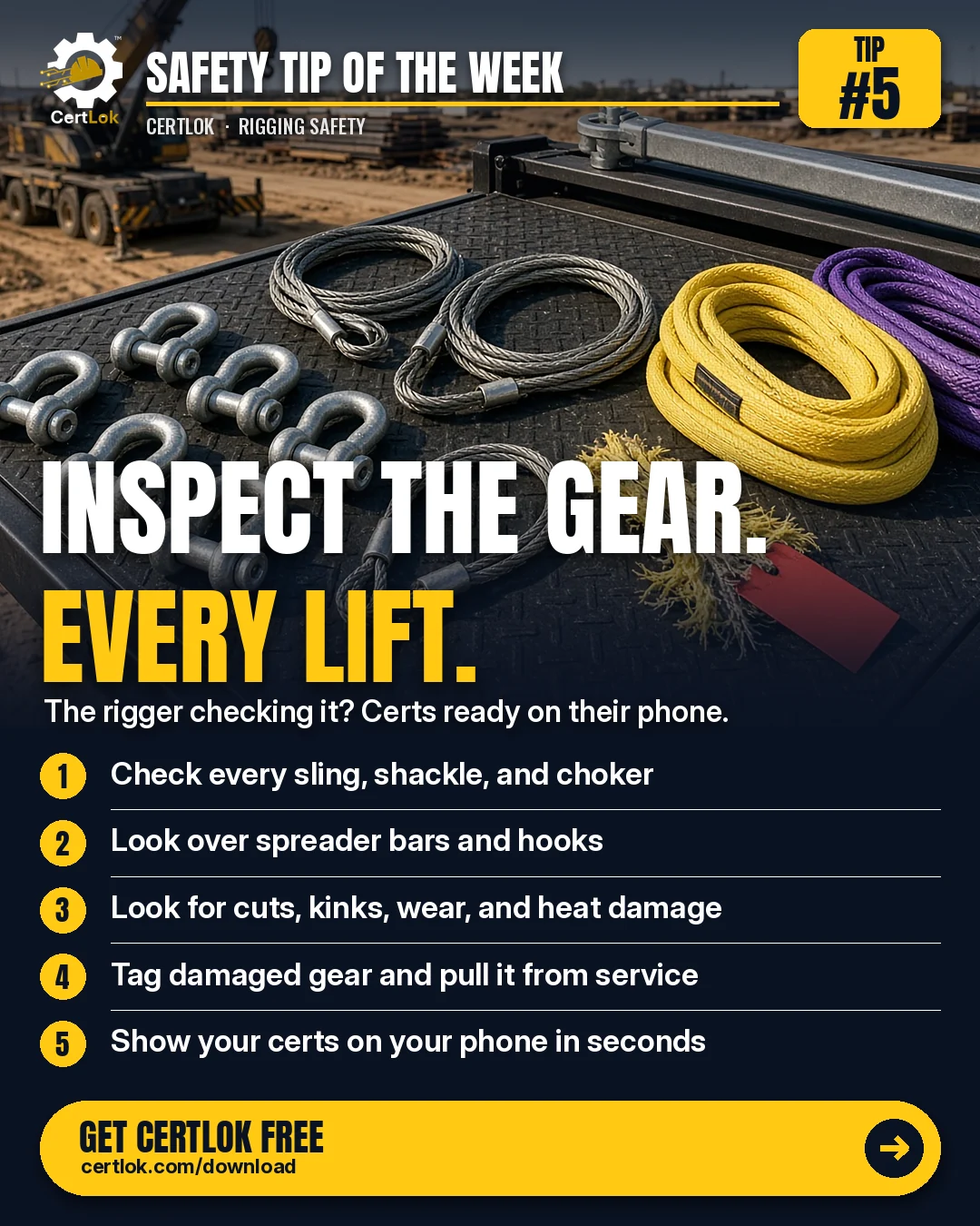 CertLok Crane Operator Safety Tip #5 graphic: Inspect Rigging Hardware Before Every Use. Checklist: Check every sling, shackle, and choker; Look over spreader bars and hooks; Look for cuts, kinks, broken wires, wear, and heat damage; Tag damaged gear and pull it from service right away; Have your certs ready on your phone.