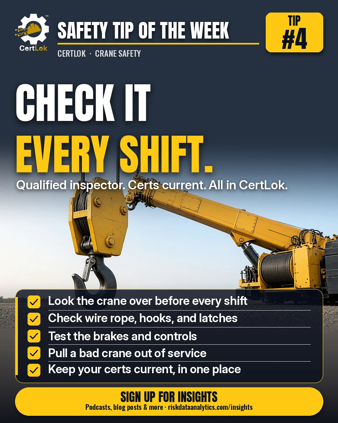 CertLok Crane Operator Safety Tip #4 graphic: Check the Crane Every Shift. Checklist: Look the crane over before it works; Check the wire rope for kinks, broken wires, and wear; Check the hooks and make sure the safety latches close; Test the brakes and the controls; If something fails, tag it and take the crane out of service.