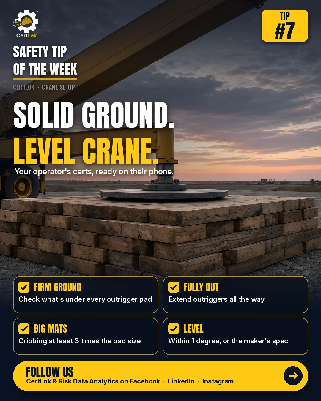 CertLok Crane Operator Safety Tip #7 graphic: Set Up on Stable, Level Ground. Checklist: Check that the ground is firm and can carry the load; Extend the outriggers all the way; Set the pads on proper cribbing or mats, at least 3 times the pad size; Level the crane within 1 degree, or the crane maker's spec; Have your certs ready on your phone.