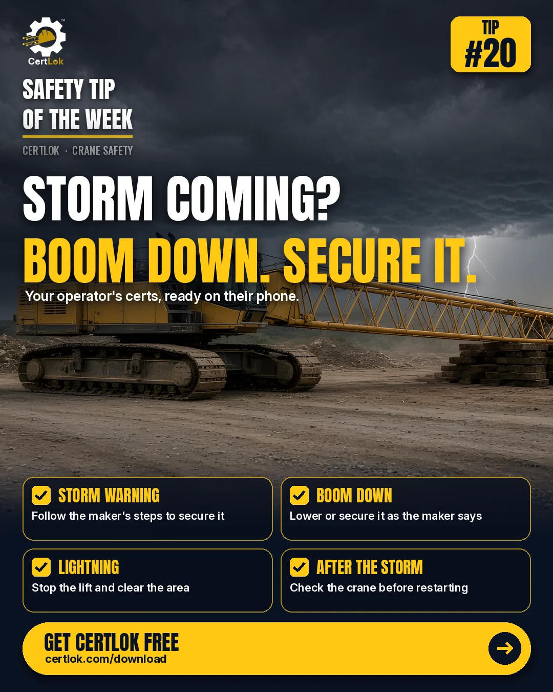CertLok Crane Operator Safety Tip #20 graphic: Lower the Boom and Secure the Crane in High Winds or Severe Weather. Checklist: Watch the forecast and storm warnings all day; Follow the crane maker's steps to secure the crane; Lower or secure the boom the way the maker says; With lightning nearby, stop the lift and clear the area; Check the crane before you start again.
