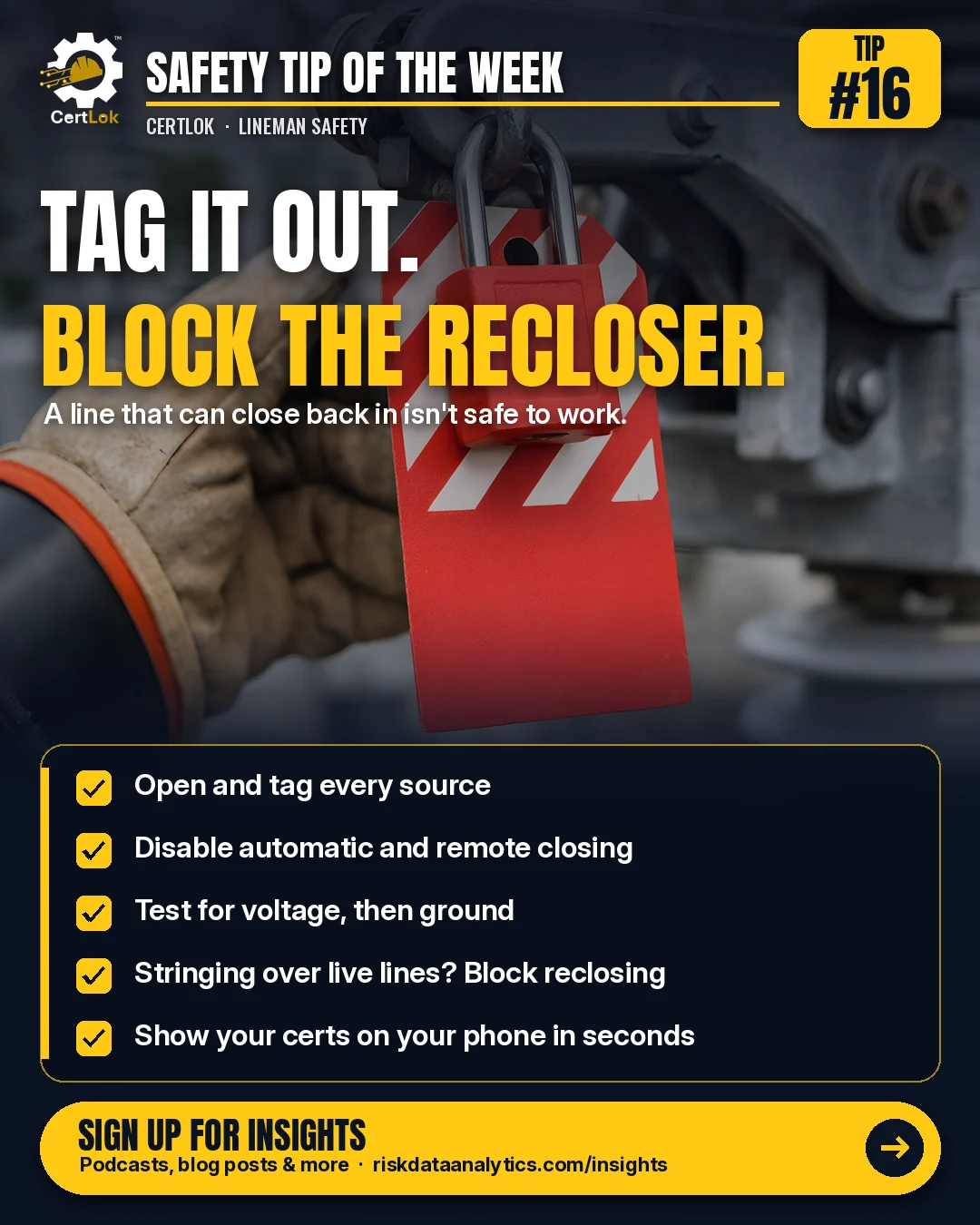 CertLok Lineman Safety Tip #16 graphic: Tag It Out and Block the Reclosers. Checklist: Open and tag every source that could feed the line; Disable automatic and remote closing where the design allows; Test for voltage, then ground; Stringing over energized lines? Block the reclosers; Have your certs ready on your phone.