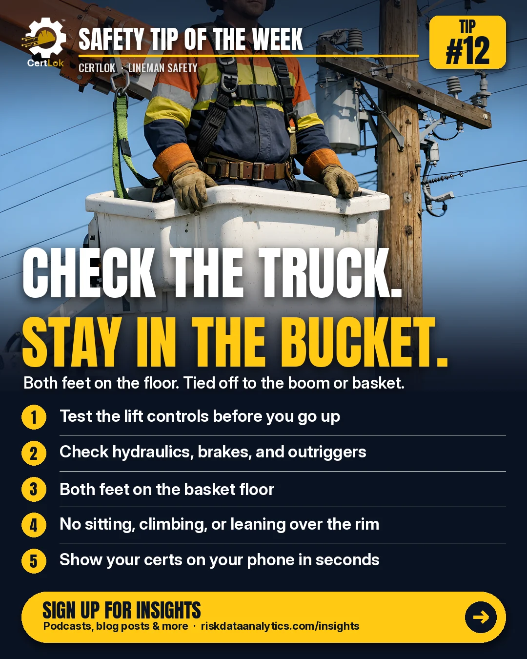 CertLok Lineman Safety Tip #12 graphic: Check the Bucket Truck and Stay Inside the Basket. Checklist: Test the lift controls before you go up; Check hydraulics, brakes, and outriggers. Outriggers on pads or solid ground; Keep both feet on the basket floor; No sitting, climbing, or leaning over the rim; Have your certs ready on your phone.