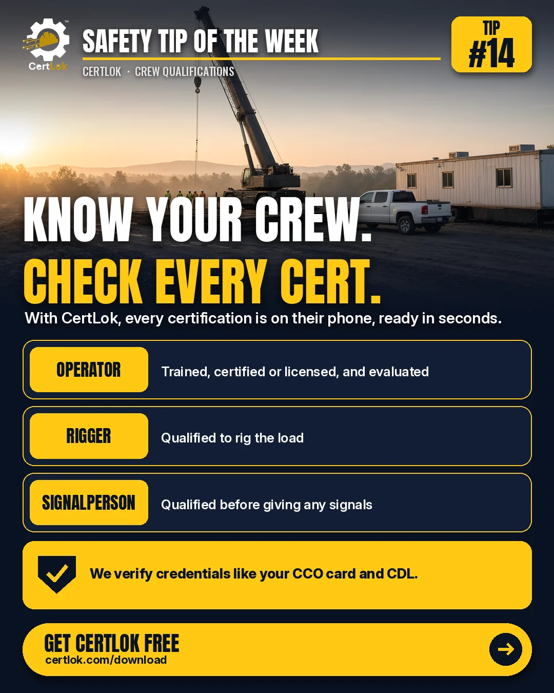 CertLok Crane Operator Safety Tip #14 graphic: Verify Crew Qualifications and Certifications. Checklist: Check that the operator is certified or licensed for that crane; Make sure the rigger is qualified; Make sure the signalperson is qualified; Look for certifications that are current, not expired; Keep your own certifications on your phone, ready to share.