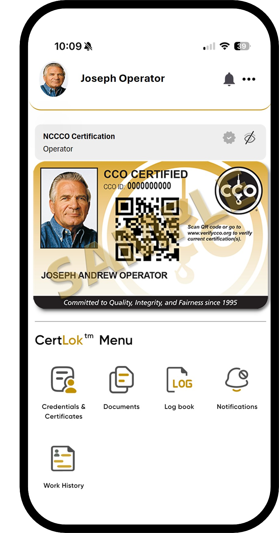 CertLok app showing a CCO certification card.
