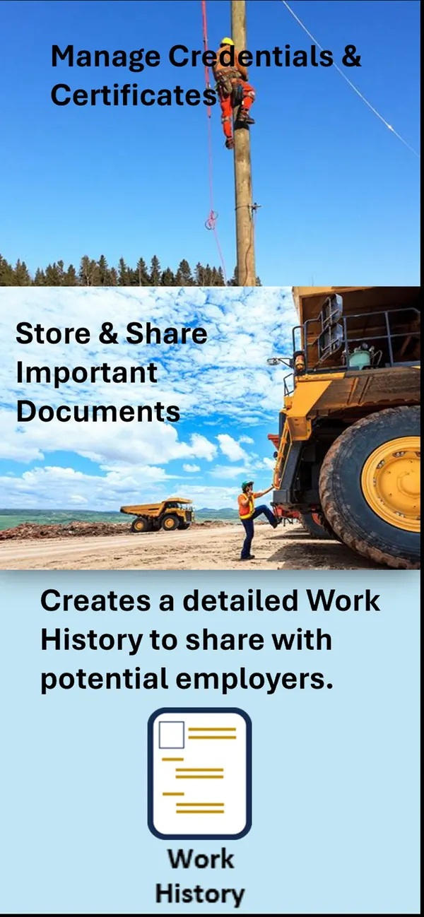 CertLok screenshot: manage credentials and certificates, store and share documents, and build a Work History