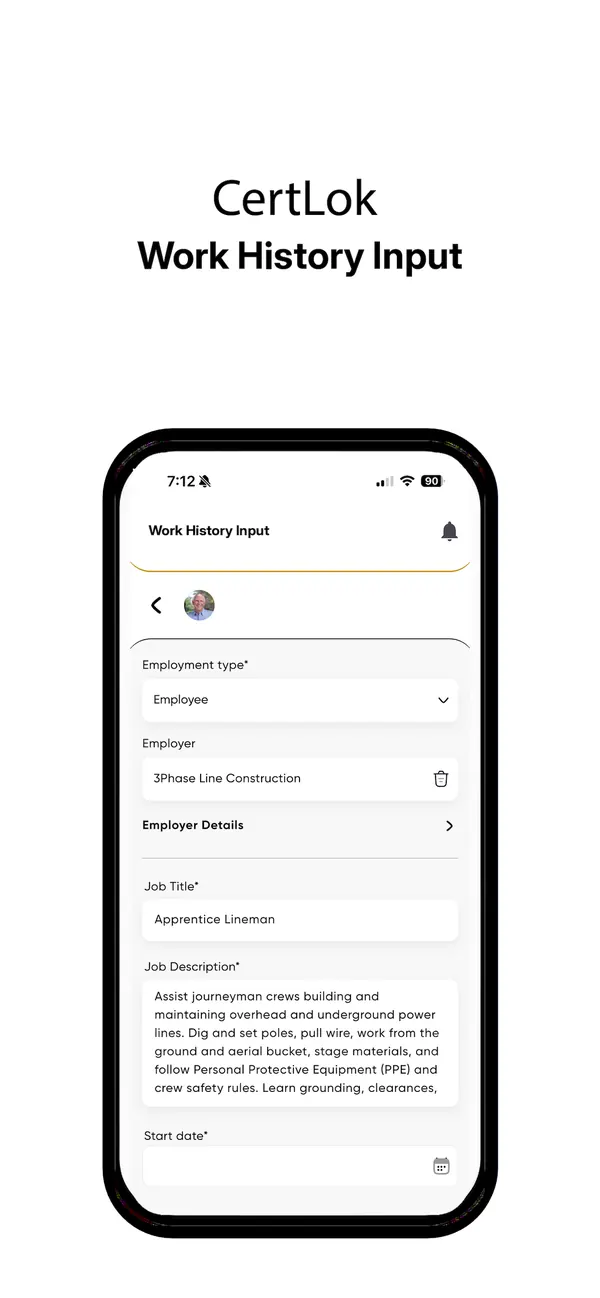 CertLok screenshot: entering a job in your Work History