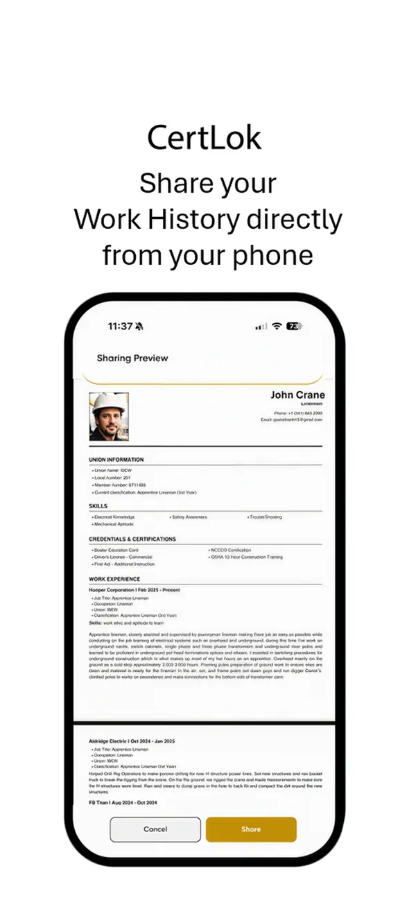 CertLok screenshot: share your Work History from your phone