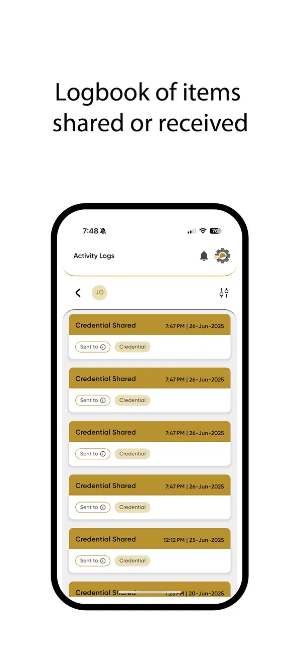 CertLok screenshot: logbook of items you shared or received
