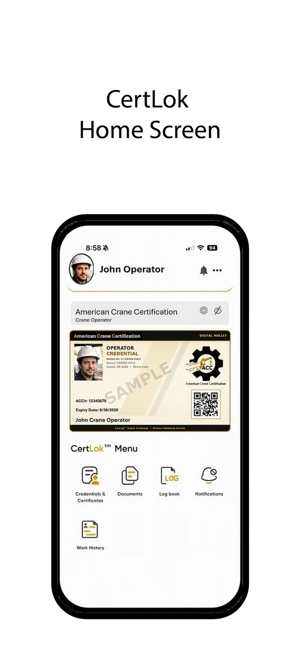 CertLok screenshot: home screen with a sample crane operator credential and the CertLok menu