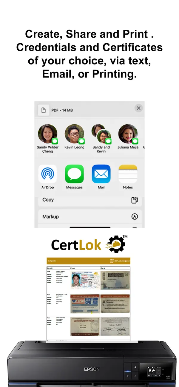 CertLok screenshot: share or print the credentials you choose by text, email, or printer