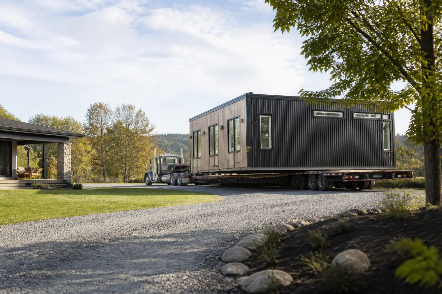 Prefab home arriving by specialized trailer at a residential property.
