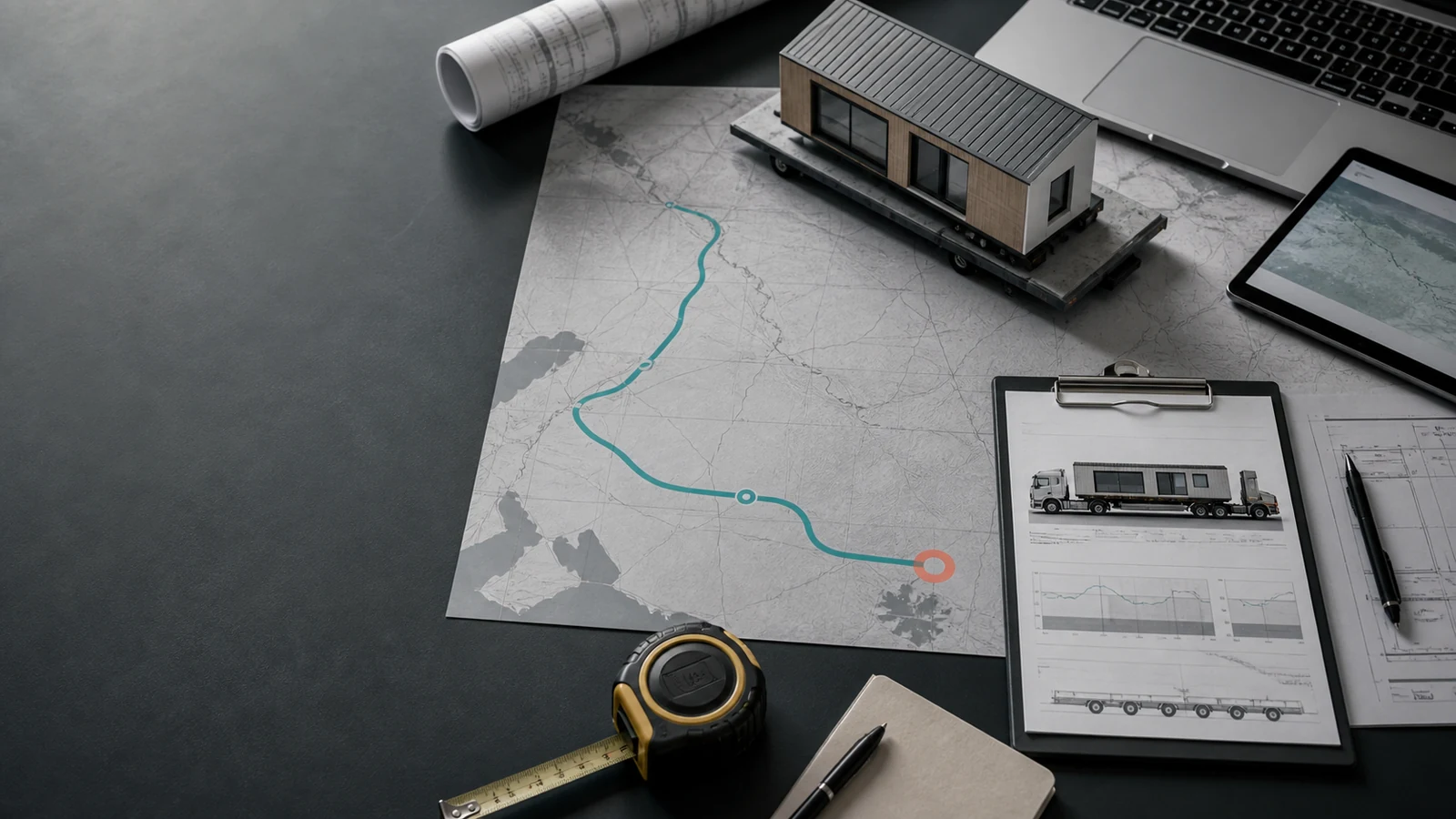 Route planning desk with prefab home model, map, and logistics paperwork.