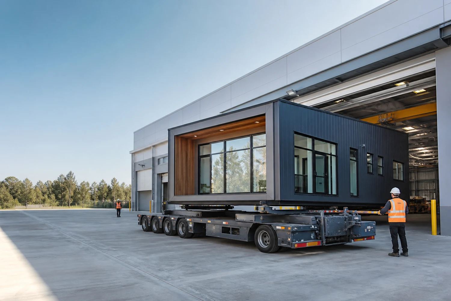Prefab home section prepared for delivery outside a manufacturing facility.
