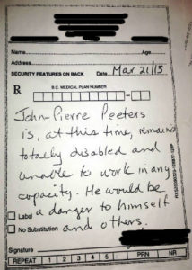 Photo of a handwritten medical prescription note on a doctor's pad, with the patient's name and address redacted at the top.