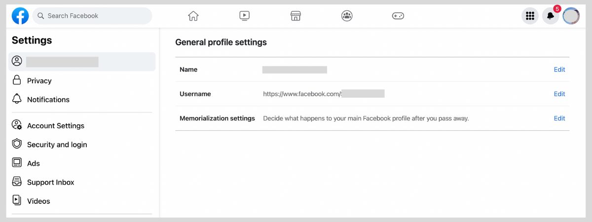 Screenshot of Facebook's General Profile Settings page, showing options for Name, Username, and Memorialization Settings with an 'Edit' link next to each.