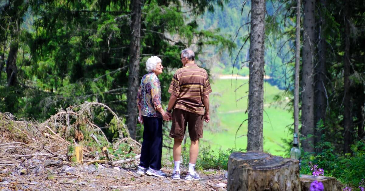 An elderly couple stands holding hands on a forest trail, facing each other, with a green valley visible in the background.