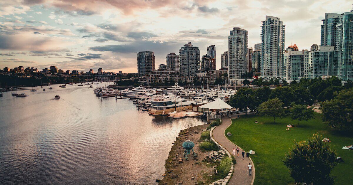 Aerial shot of Cambie Street in Vancouver, BC
