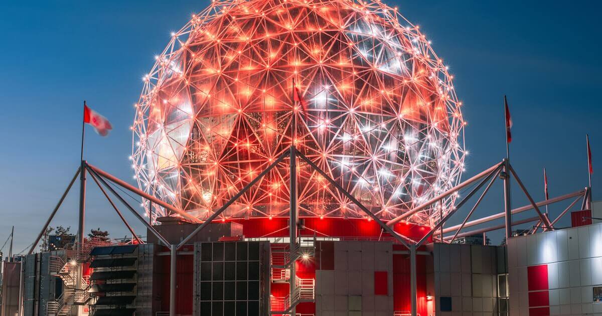 Vancouver, British Columbia's Science World OMNIMAX dome is illuminated red