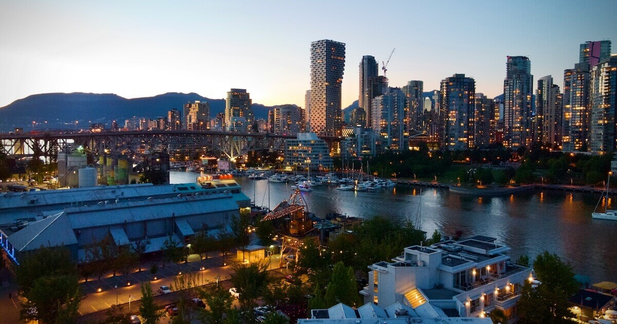 Aerial view of a portion of downtown Vancouver at dusk