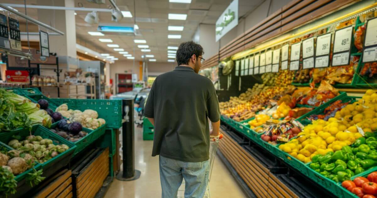 A man pushes a grocery cart through the produce section of a store