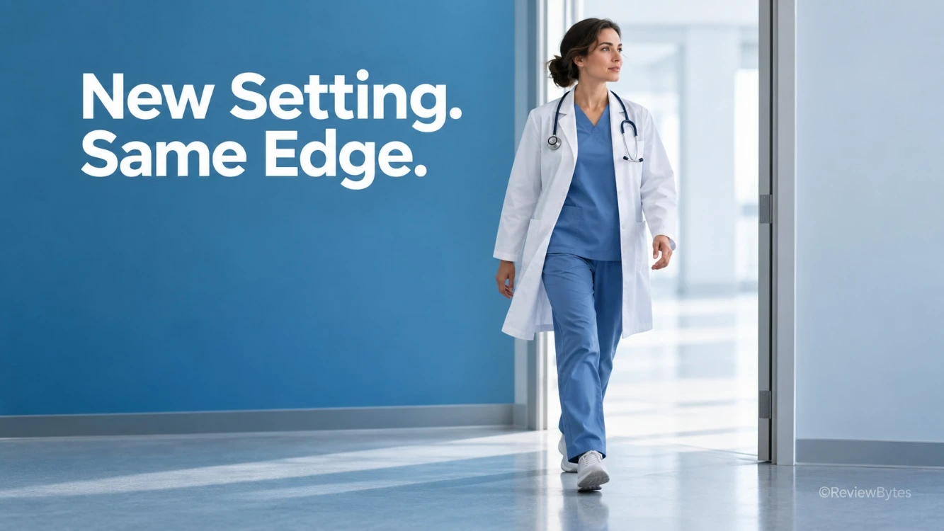 Clinician in blue scrubs and a white coat walking through a bright hospital corridor beside the words “New Setting. Same Edge.”