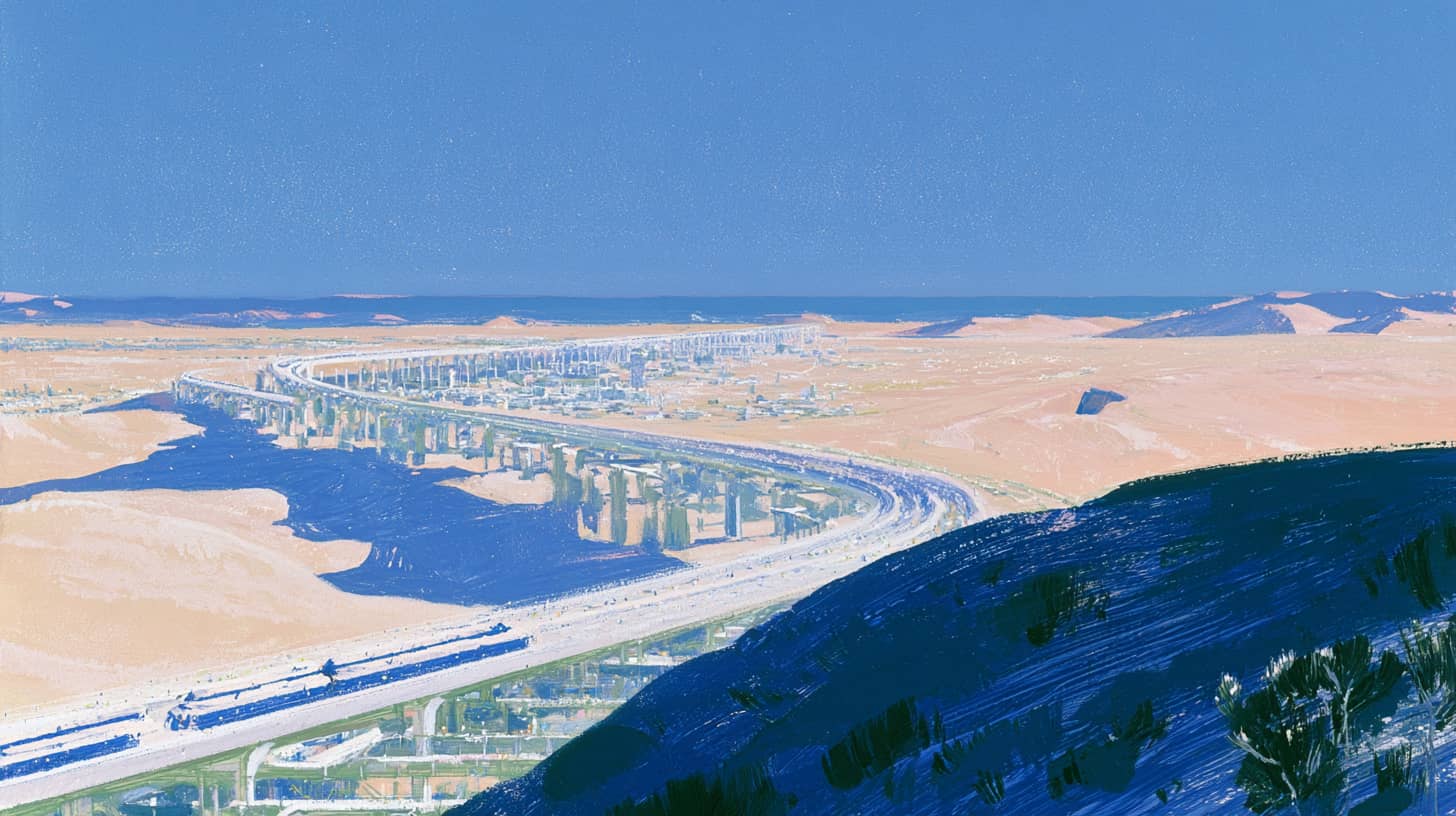 Futuristic desert landscape with a bright arterial bridge spanning a canyon.
