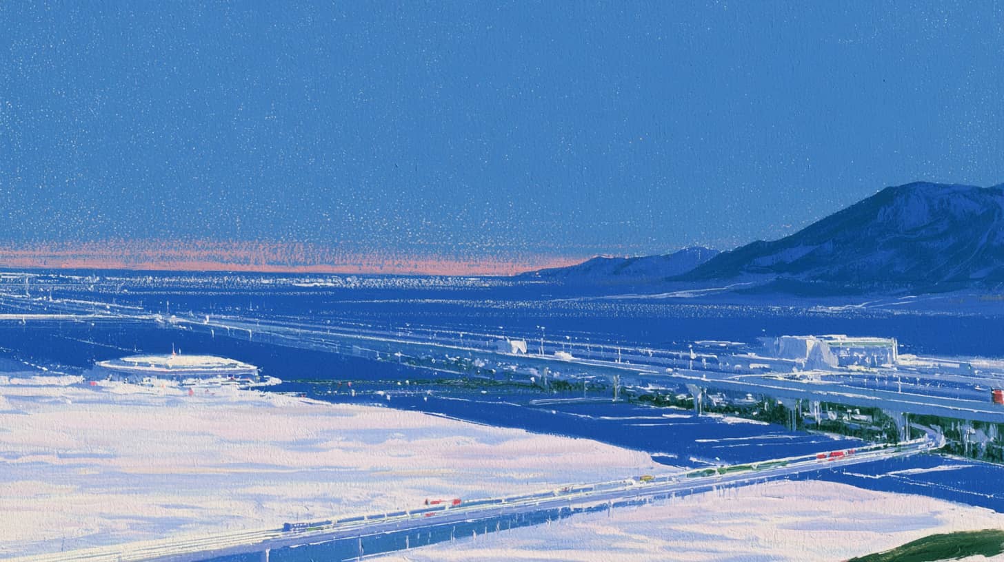 Snow-covered coastal cliffs with a bridge spanning a bright inlet.