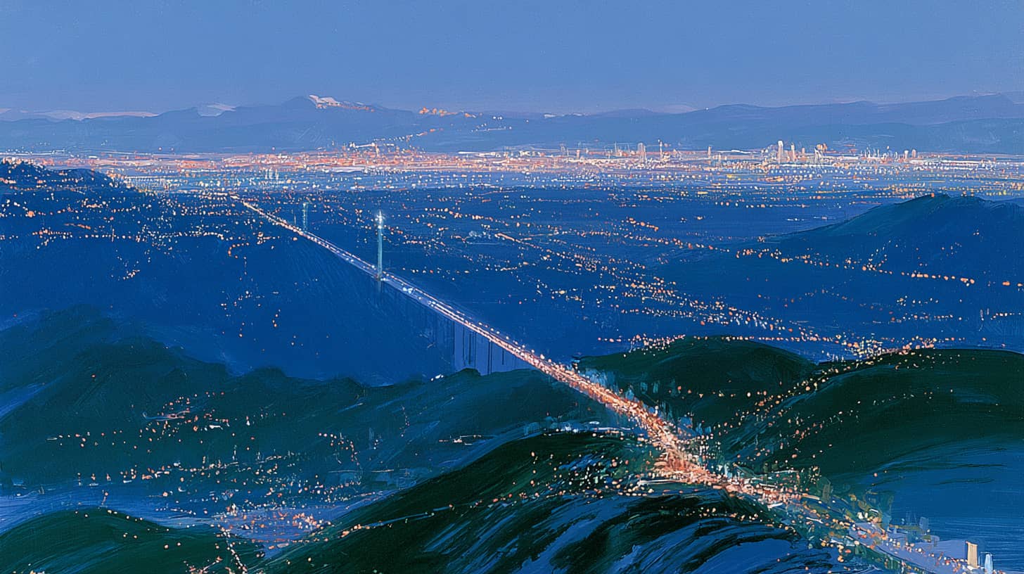 Night landscape with a lit bridge crossing dark water.