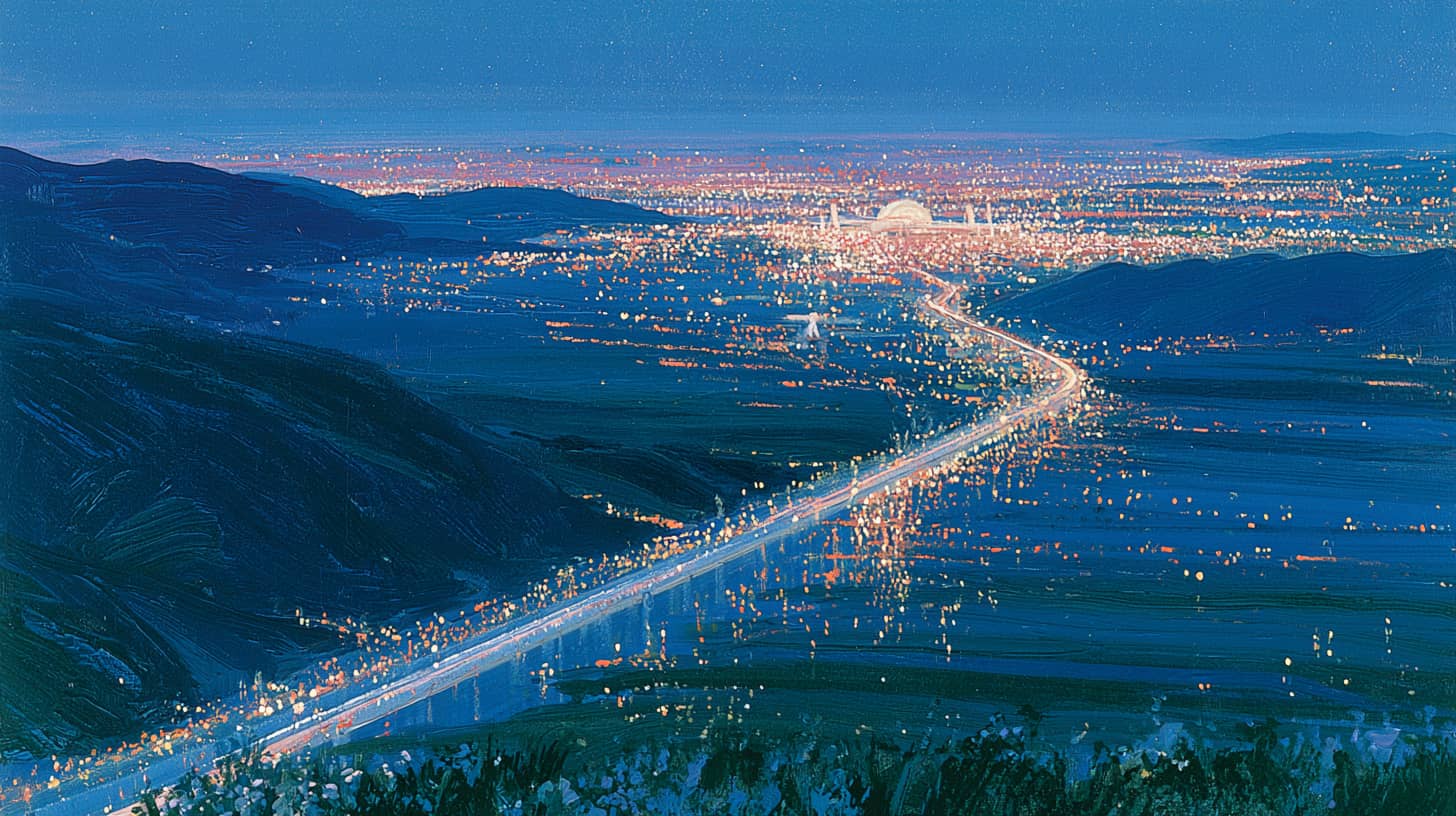 Night city highway curving toward a distant skyline.