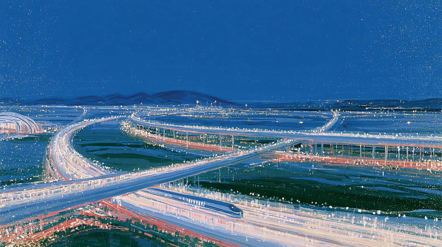 Futuristic transit hub with arched bridges at dusk.