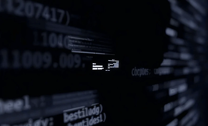 Abstract photograph of code on dark screens.