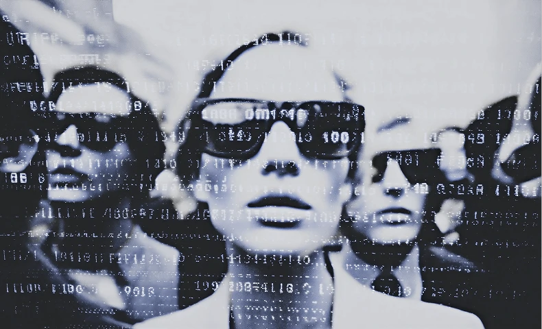 Stylized digital faces overlaid with computer code.