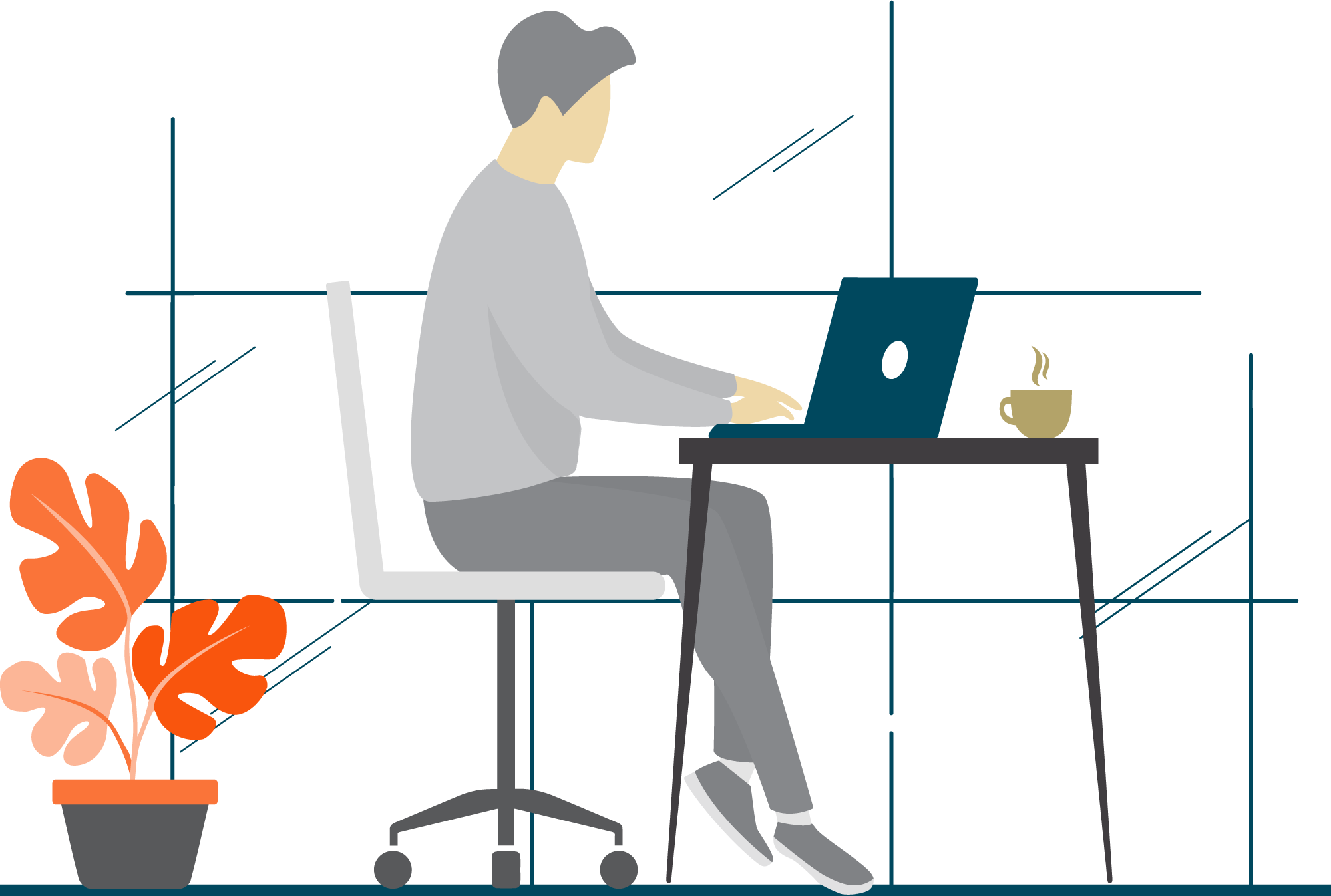 Keyframe showing an illustrated figure at a computer using the product
