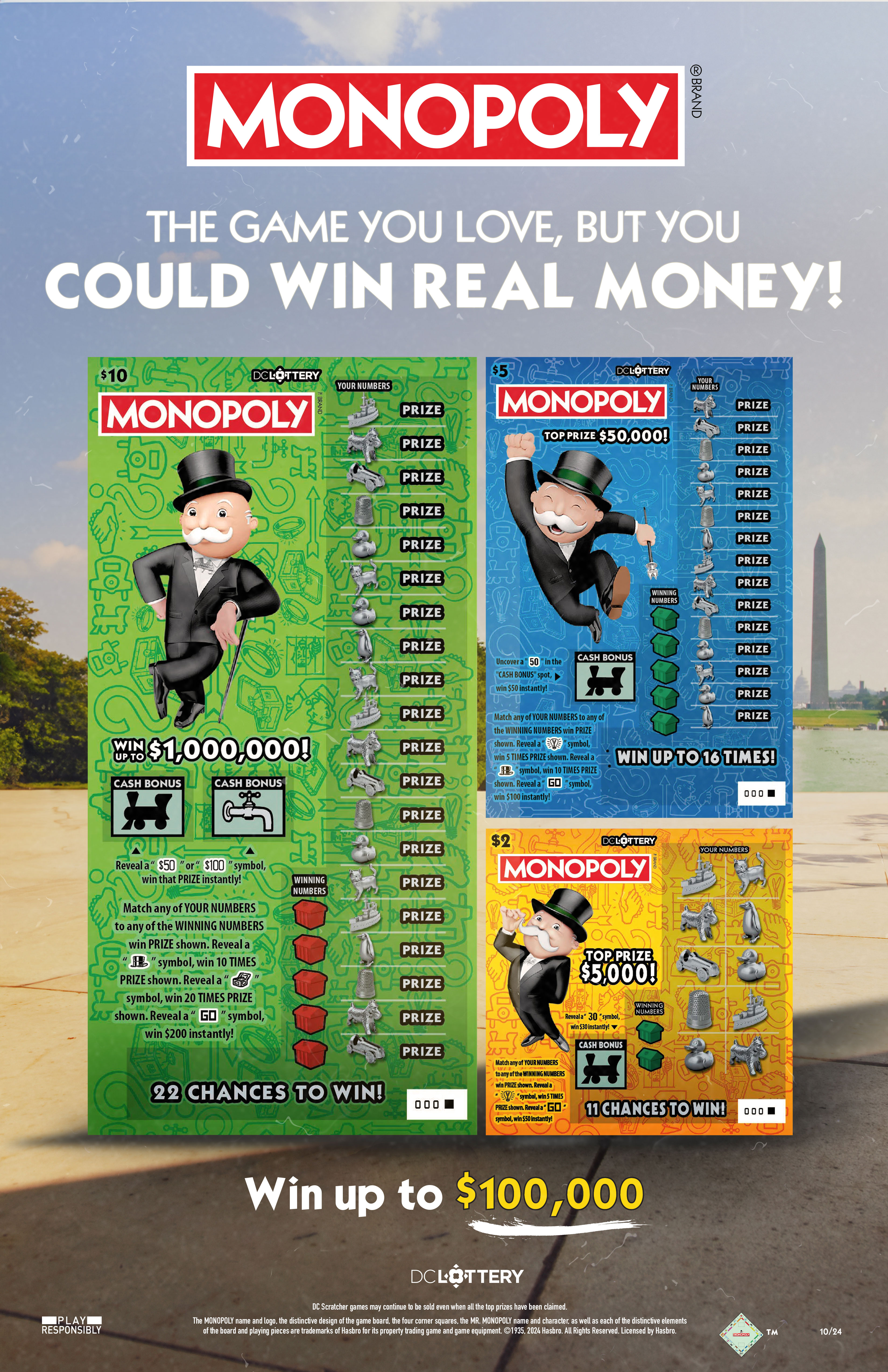 Final Monopoly key visual pairing classic game tokens with D.C. landmarks