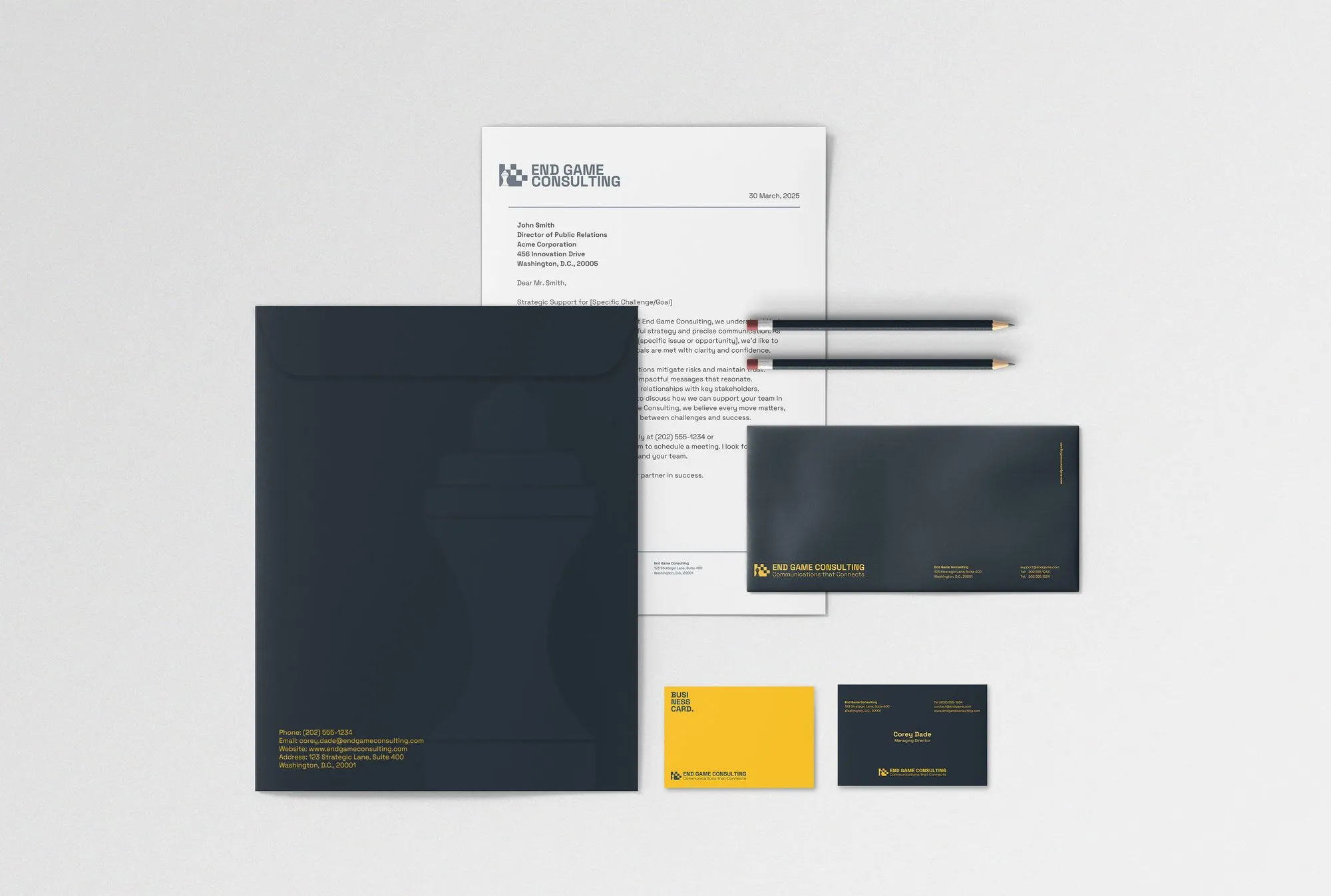 Completed End Game Consulting branding applied across professional collateral