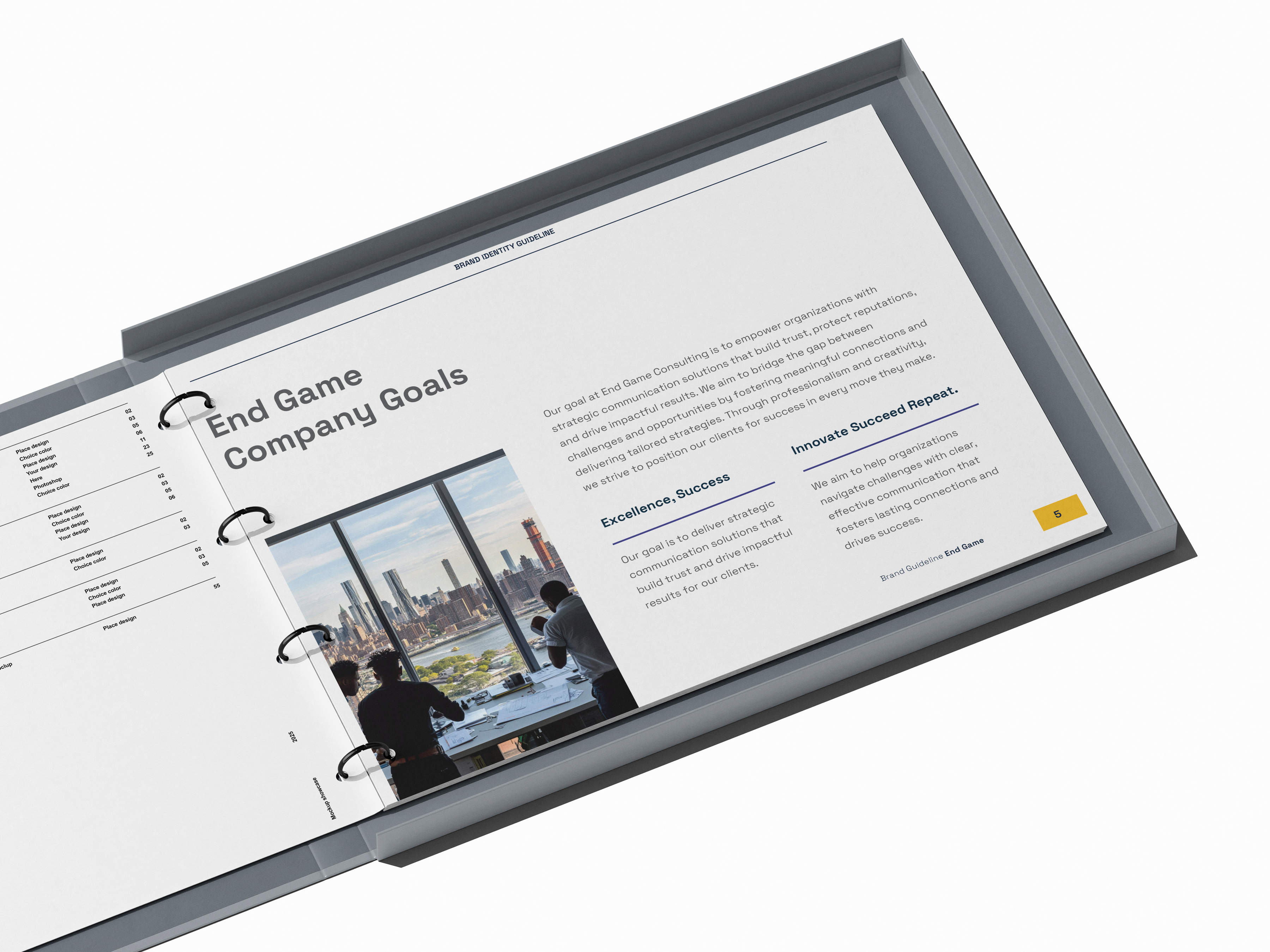 Ring binder mockup carrying End Game Consulting branding for policy documents