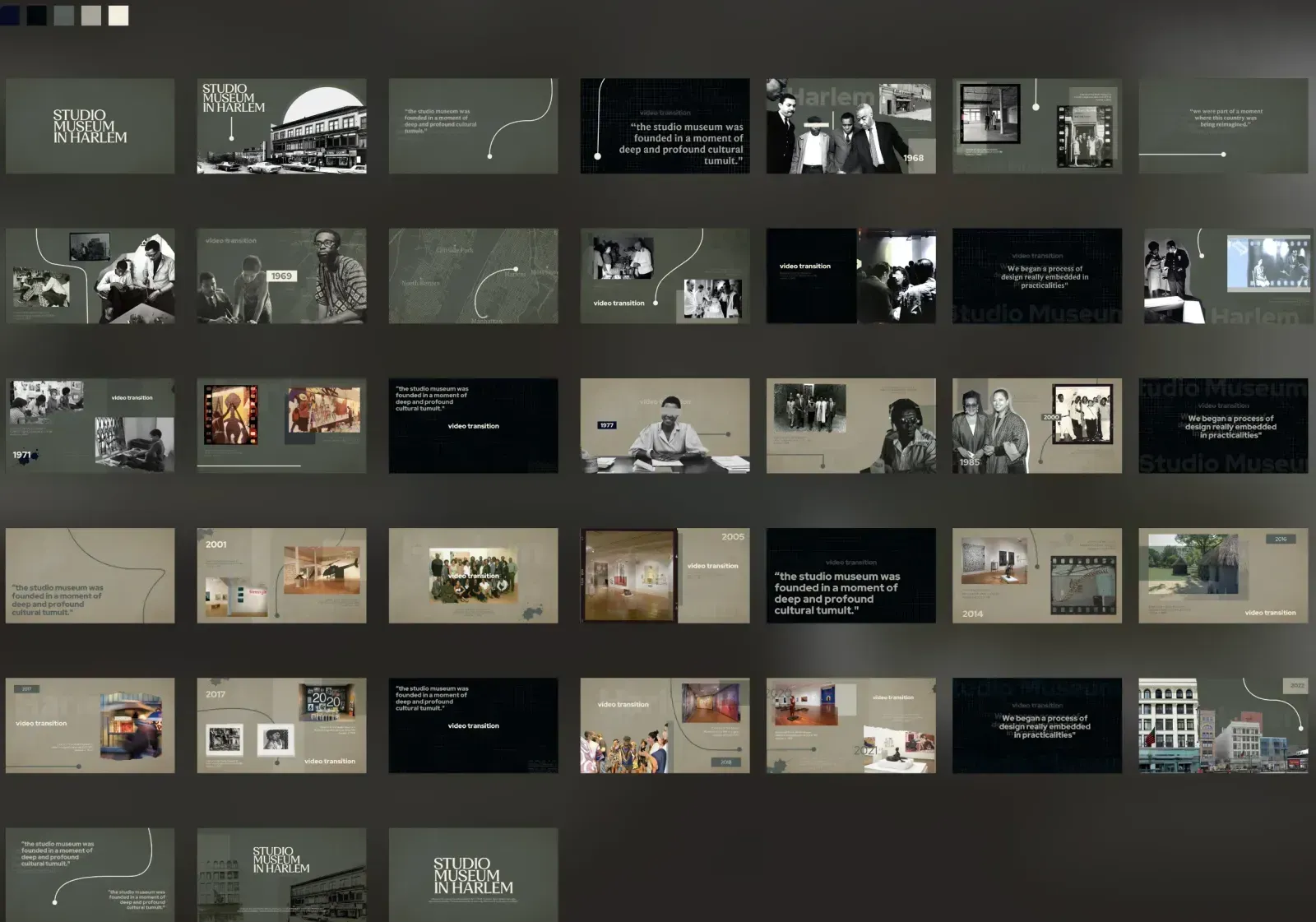 Concept style frame blending archival Harlem imagery with the new museum facade