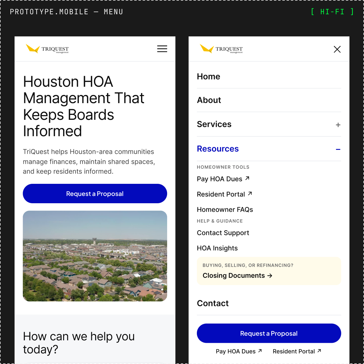 Hi-fi prototype of the mobile homepage and menu