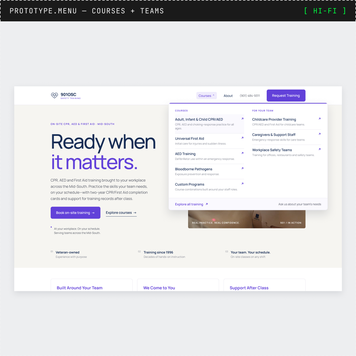 Hi-fi prototype of the Courses mega menu with courses and team columns