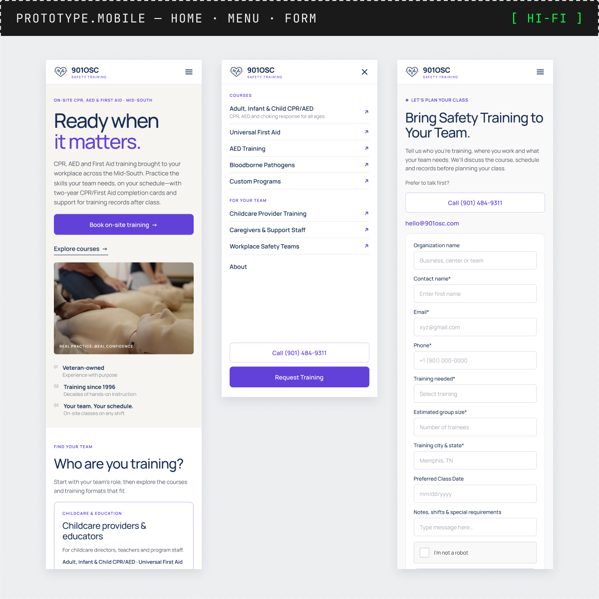 Hi-fi mobile prototypes of the homepage, menu and request form