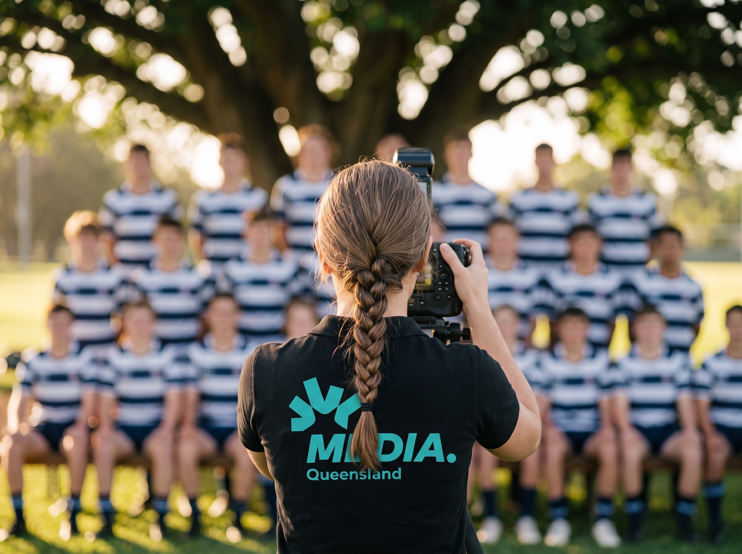 Photographer with braided hair wearing a black 'MEDIA Queensland' shirt taking a group photo of a sports team in striped jerseys outdoors under a large tree.