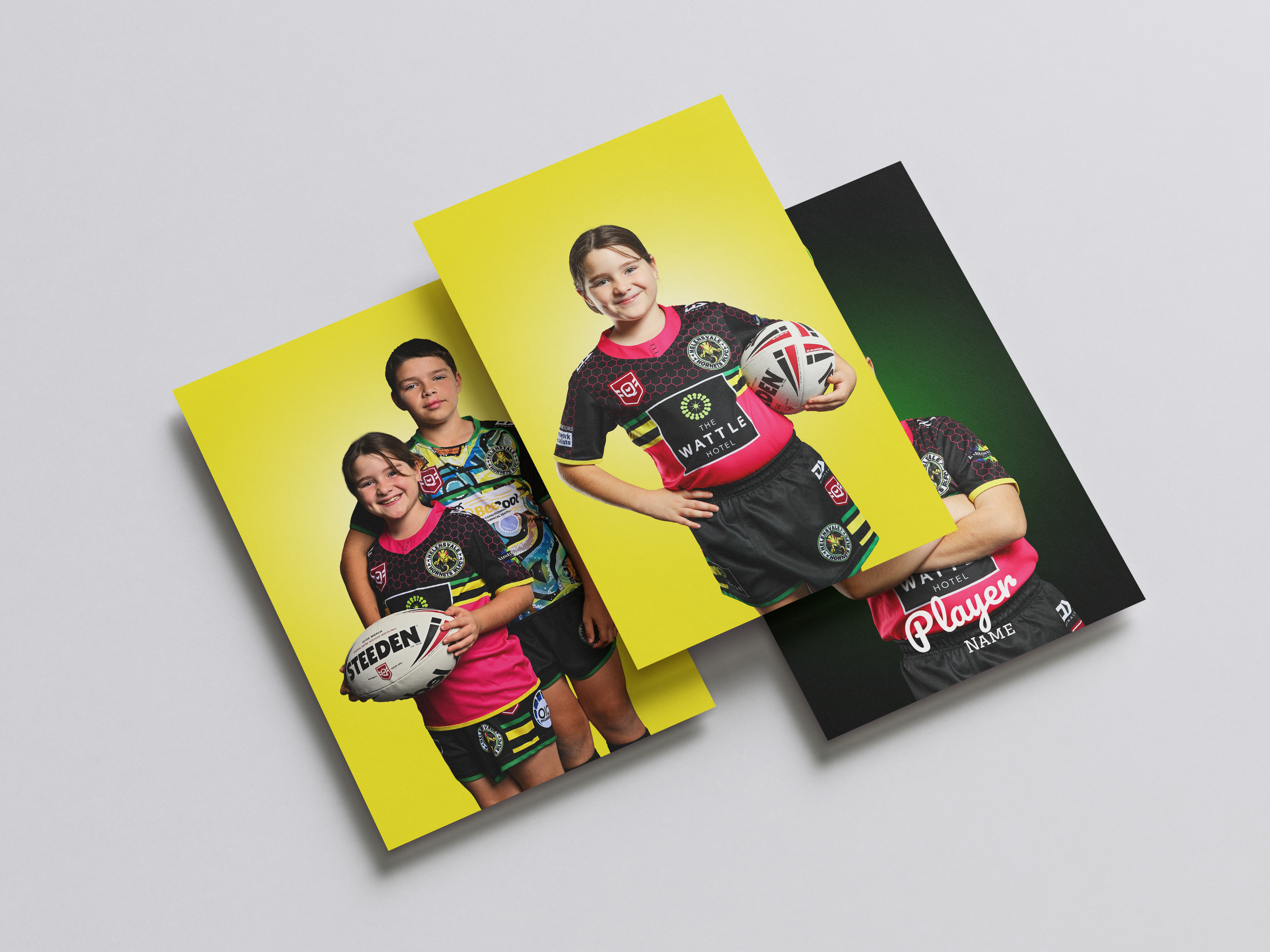 Printed player trading cards of junior rugby league players in club colours