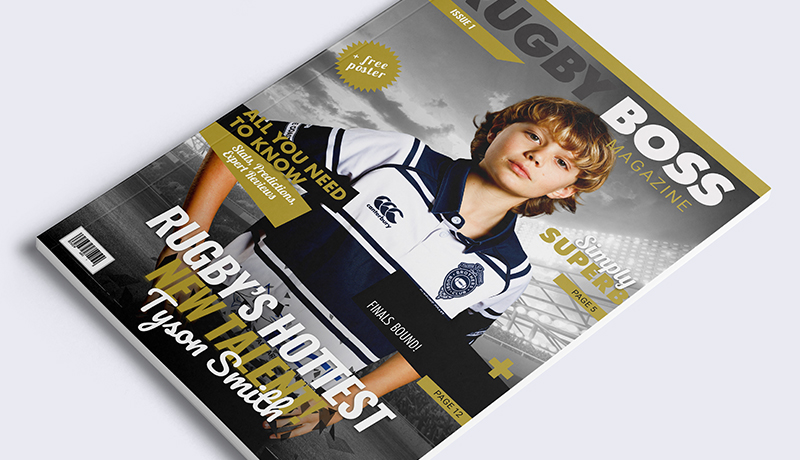 Mock rugby magazine cover featuring a junior player in a navy and white jersey