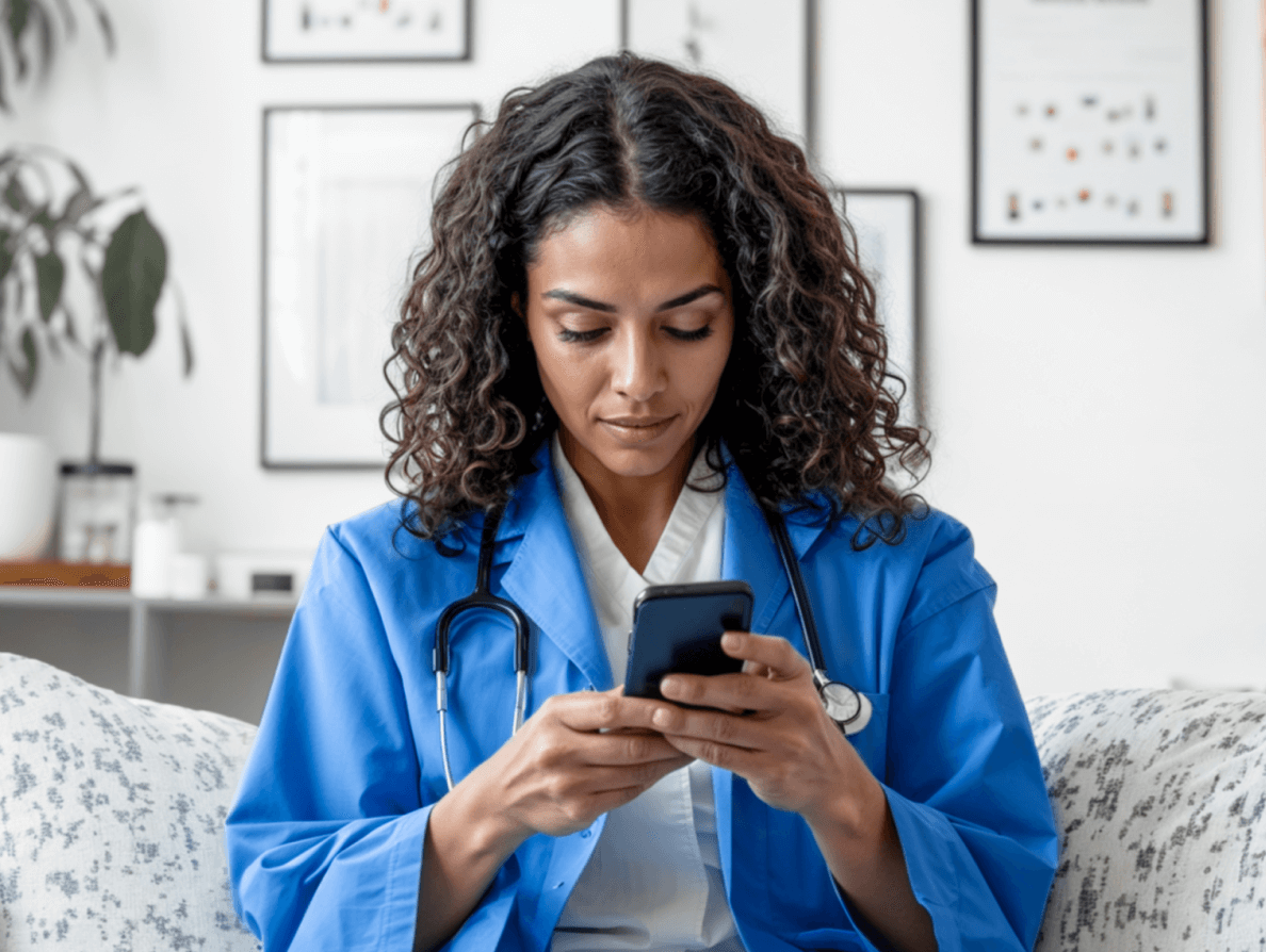 Doctor in blue scrubs reviewing a patient message on a phone