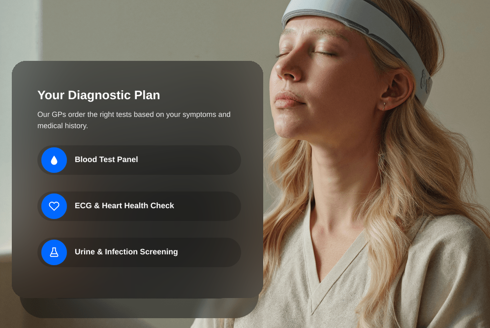 Diagnostic testing plan including blood test panel, ECG and urine screening