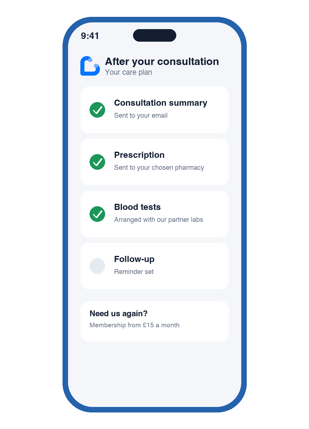Phone screen showing a care plan after a consultation: summary, prescription, blood tests and follow-up