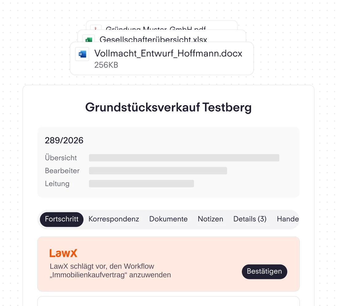 Digitale Akte Grundstücksverkauf Testberg mit Dokumenten, Fortschritt und einem Workflow-Vorschlag