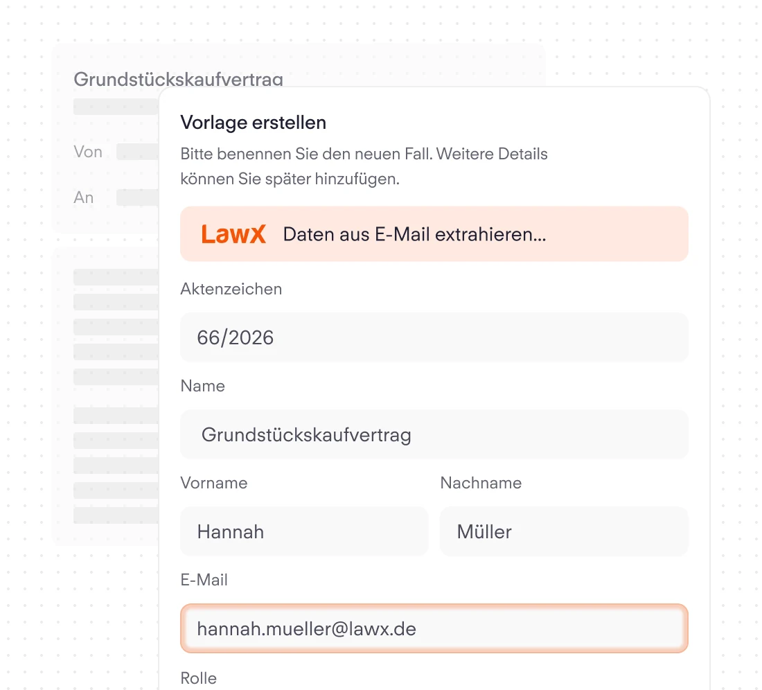 Formular zum Anlegen eines Grundstückskaufvertrags, LawX extrahiert die Daten aus einer E-Mail