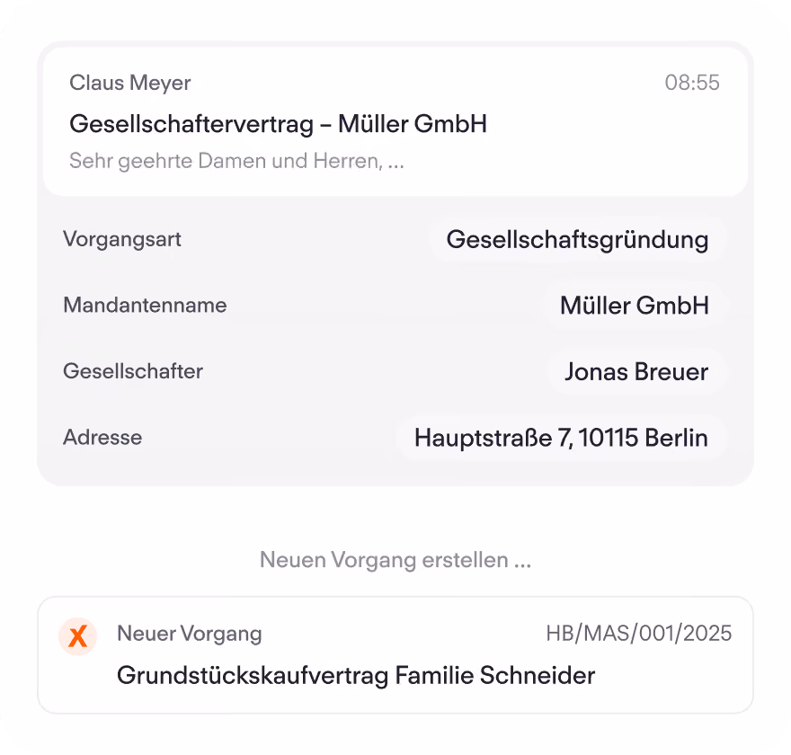 LawX liest eine E-Mail aus und legt daraus einen strukturierten Vorgang an