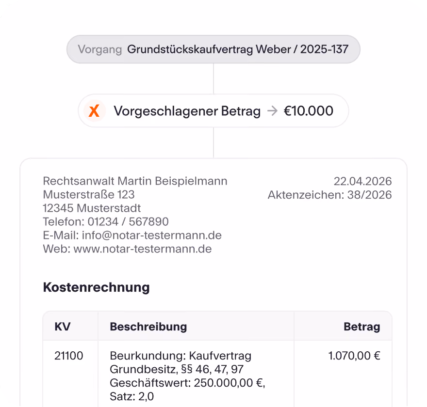 Kostenrechnung mit vorgeschlagenem Betrag direkt aus dem Vorgang